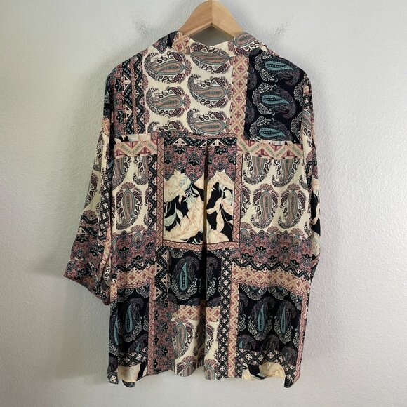 Rose + Olive Womens Plus 1X Boho Patterned Blouse 3/4 Sleeve Button Up Shirt Top - Picture 10 of 11